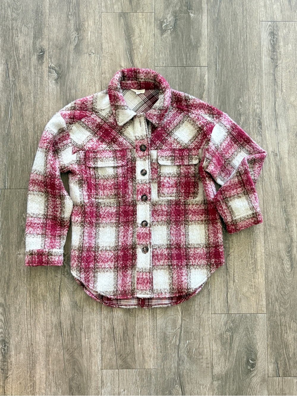 La Hearts Pink and Cream Plaid Button-Front Kids Shirt Jacket